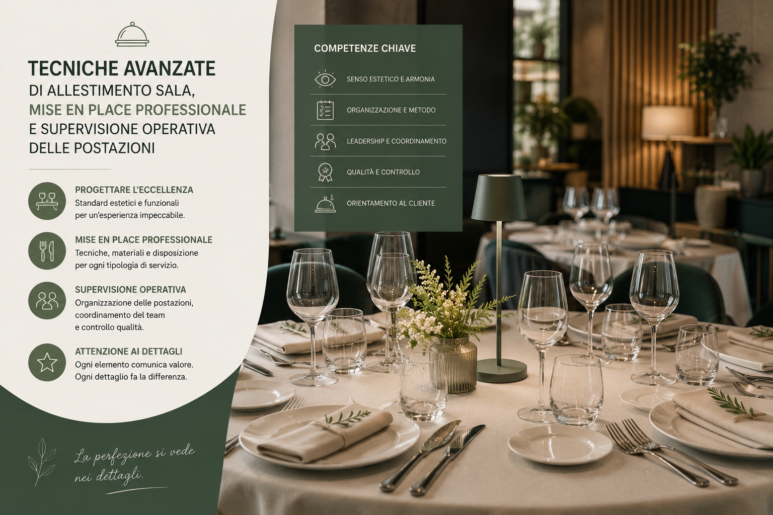 Tecniche avanzate di allestimento sala, mise en place professionale e supervisione operativa delle postazioni